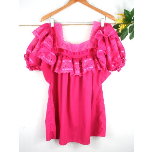 Tops - Handmade Mexican Pink Ruffles & Ribbons Top